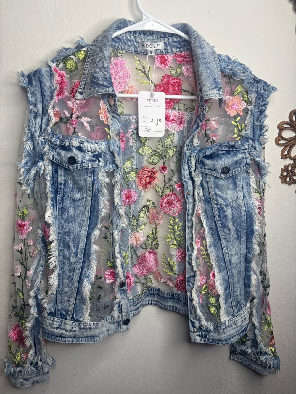 ADORE Blue Multicolor Floral Embroidered Sheer Distressed Jean Jacket Women SM.